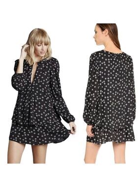 FREE PEOPLE Black Floral Double Layer Mini Dress / Tunic Side Pockets US Sz XS